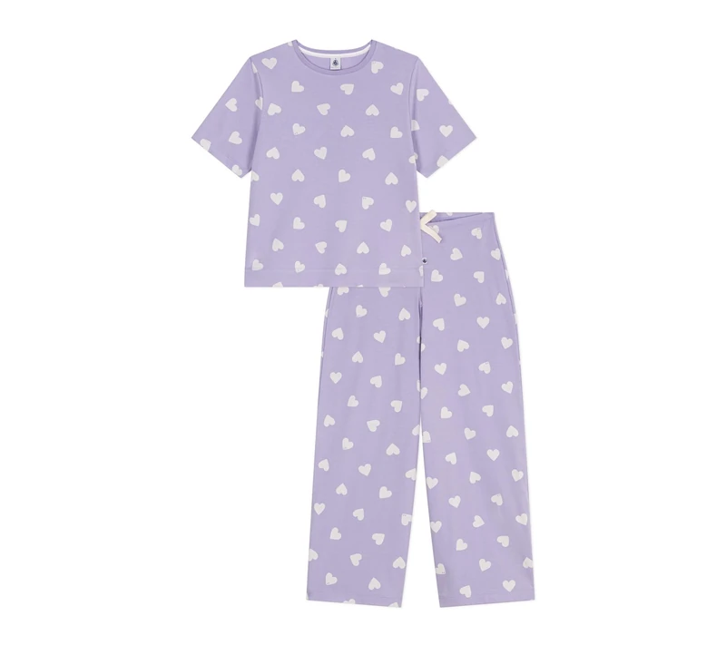 Petit Bateau Women's Cotton Short Sleeve Wide Legs Heart Print Pyjamas, Squaw/Marshmallow, M