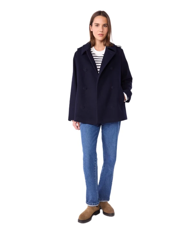 Petit Bateau Women's Pea Coat in Wool Sheets, Tuxedo, S