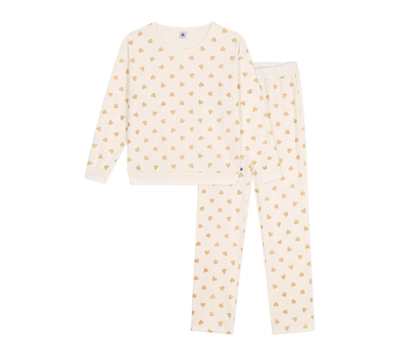 Petit Bateau Women's Cotton Pyjamas with Gold Hearts Print, Milk/Golden, XS
