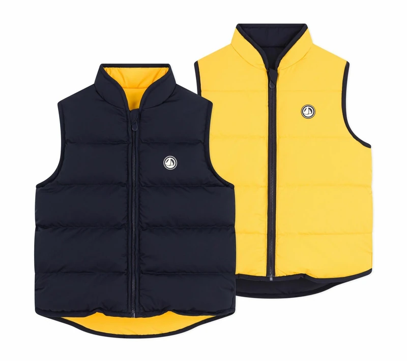 Petit Bateau Reversible two-tone sleeveless down jacket, SMOKING/YELLOW, 10 Years