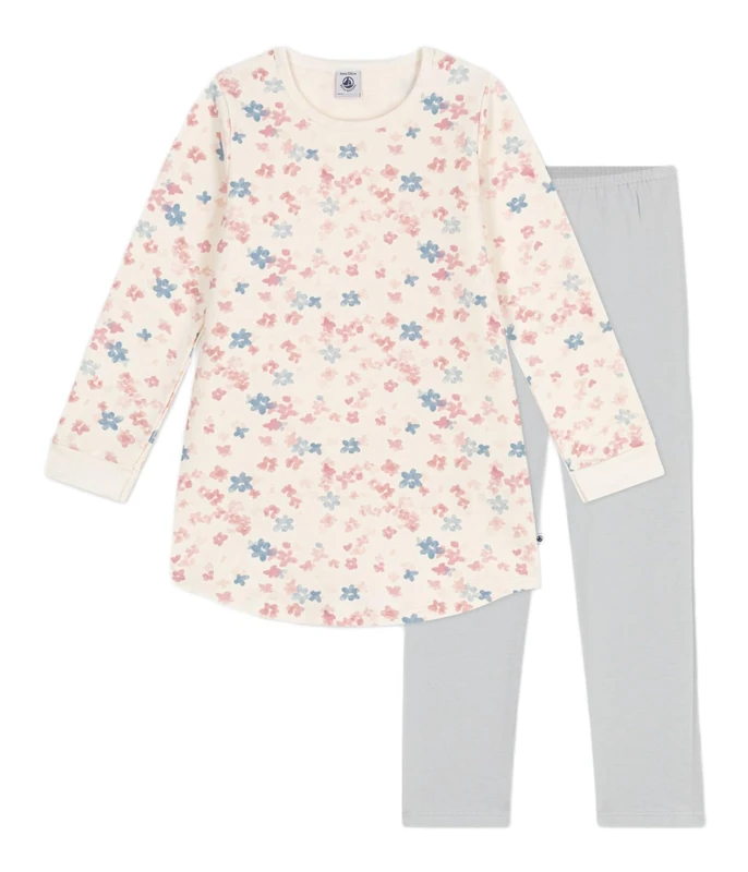 Petit Bateau Children's Floral Print Fleece Nightgown and Leggings, Milk/Multico, 12 Years
