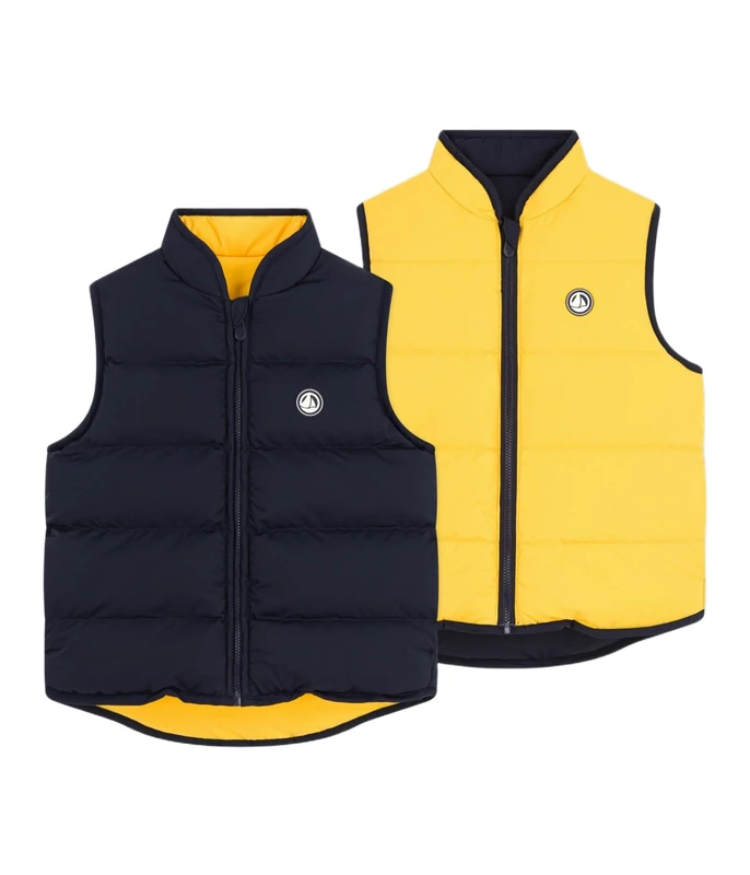 Petit Bateau Reversible two-tone sleeveless down jacket, SMOKING/YELLOW, 4 Years - Image 1