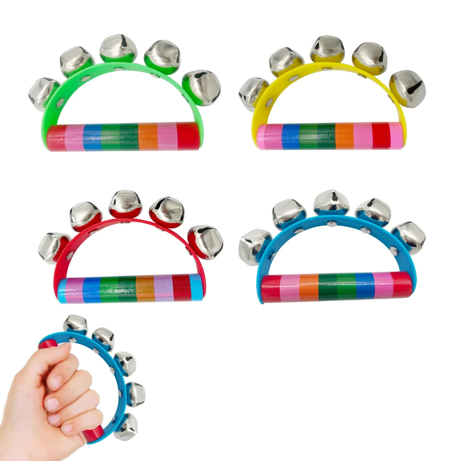 4 Pack Hand Sleigh Bells，Rainbow Jingle Bells Instrument Wooden Hand Bells,Sturdy Loud Ringing,Jingle Bells for Kids,Adults （Red,Yellow,Green,Blue）
