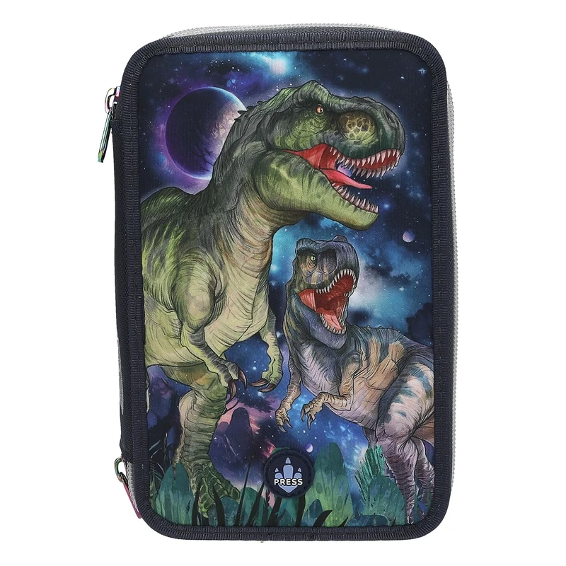 Depesche 13131 Dino World Galaxy - Filled 3-Compartment Pencil Case with Dinosaur Motif and LED Lights, Pencil Case with Colouring Pencils, Ruler, Scissors and Much More