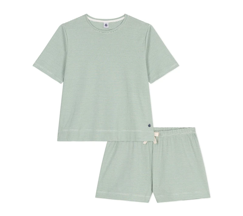 Petit Bateau Women's Striped Cotton Short Pyjamas, Willow/Marshmallow, XS