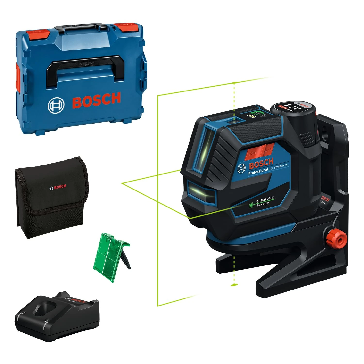 Bosch Professional Combi Laser GCL 12V-50-22 CG (Working Range up to 50 m with Receiver, Dual Power Source, Levelling Remote app, RM 20 Mount, GBA 12V 2.0Ah, GAL 12V-40, Pouch, L-Boxx 136)