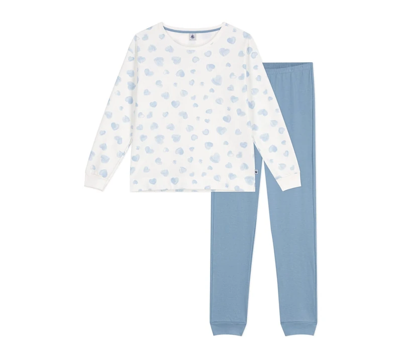 Petit Bateau Women's pyjamas in two-material cotton with hearts print, Adriatic/Multico, XXS