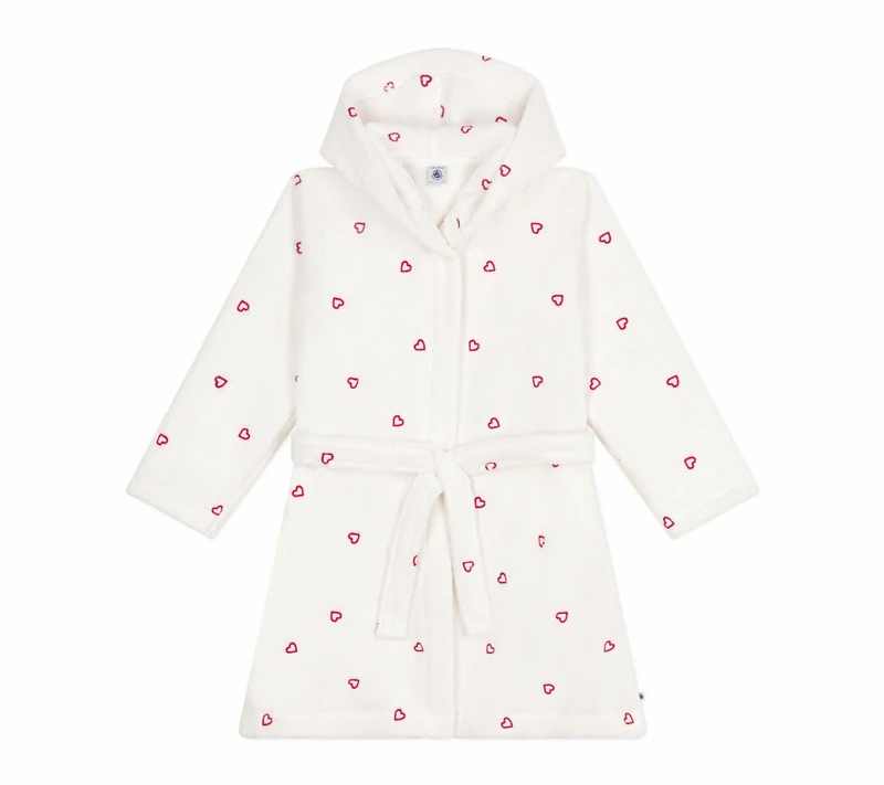 Petit Bateau Children's Terry Cotton Bathrobe with Embroidered Hearts, Marshmallow/Terkuit, 4 Years
