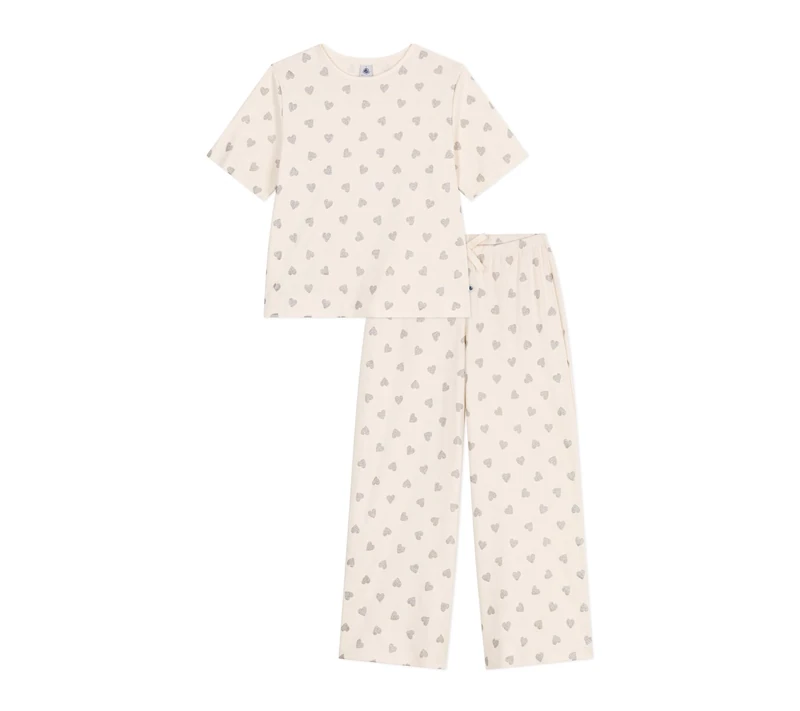 Petit Bateau Women's Cotton Short Sleeve Wide Legs Heart Print Pyjamas, Milk/Silver, XXS