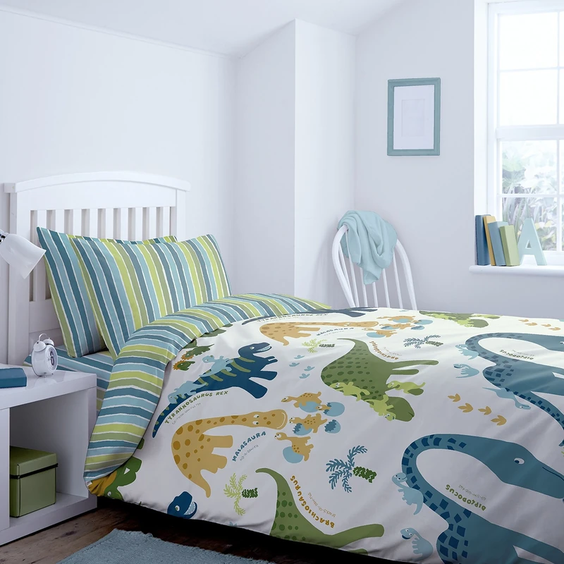 Catherine Lansfield Dino Duvet Cover 135 x 200 + 80 x 80 cm + Fitted Sheet White 90 x 200 + 1 Pillowcase 80 x 80 cm White