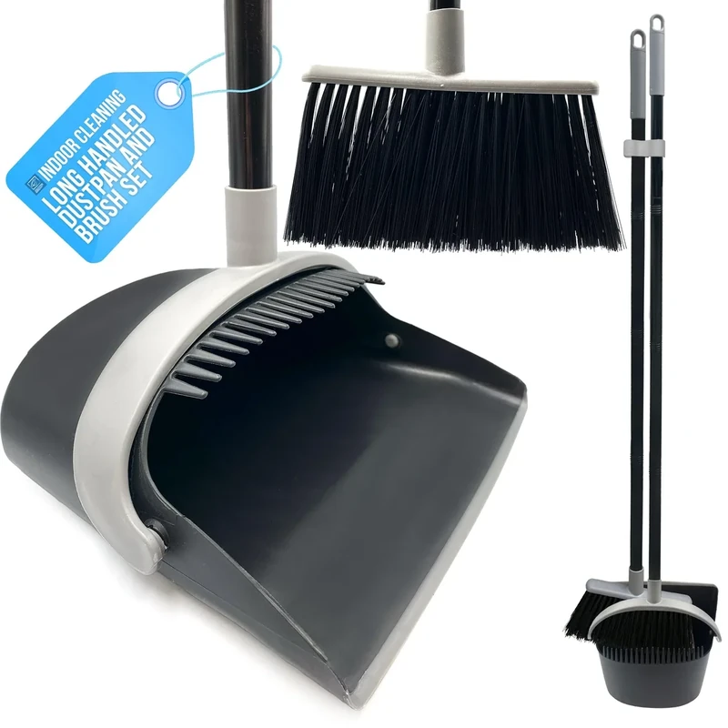Long Handled Dustpan and Brush Set with Built-In Teeth Comb - Indoor Broom and Dustpan Set for Sweeping Brush Indoor 180° Swivel Dust Pan (Black and Grey)
