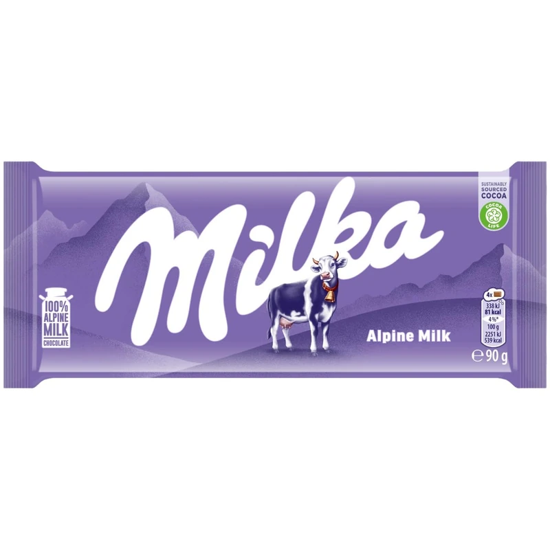 Milka Alpine Milk Chocolate Bars, Smooth and Creamy Chocolate Made with 100% Alpine Milk, Perfect for Sharing, 90 g, Bulk Buy (Pack of 25)