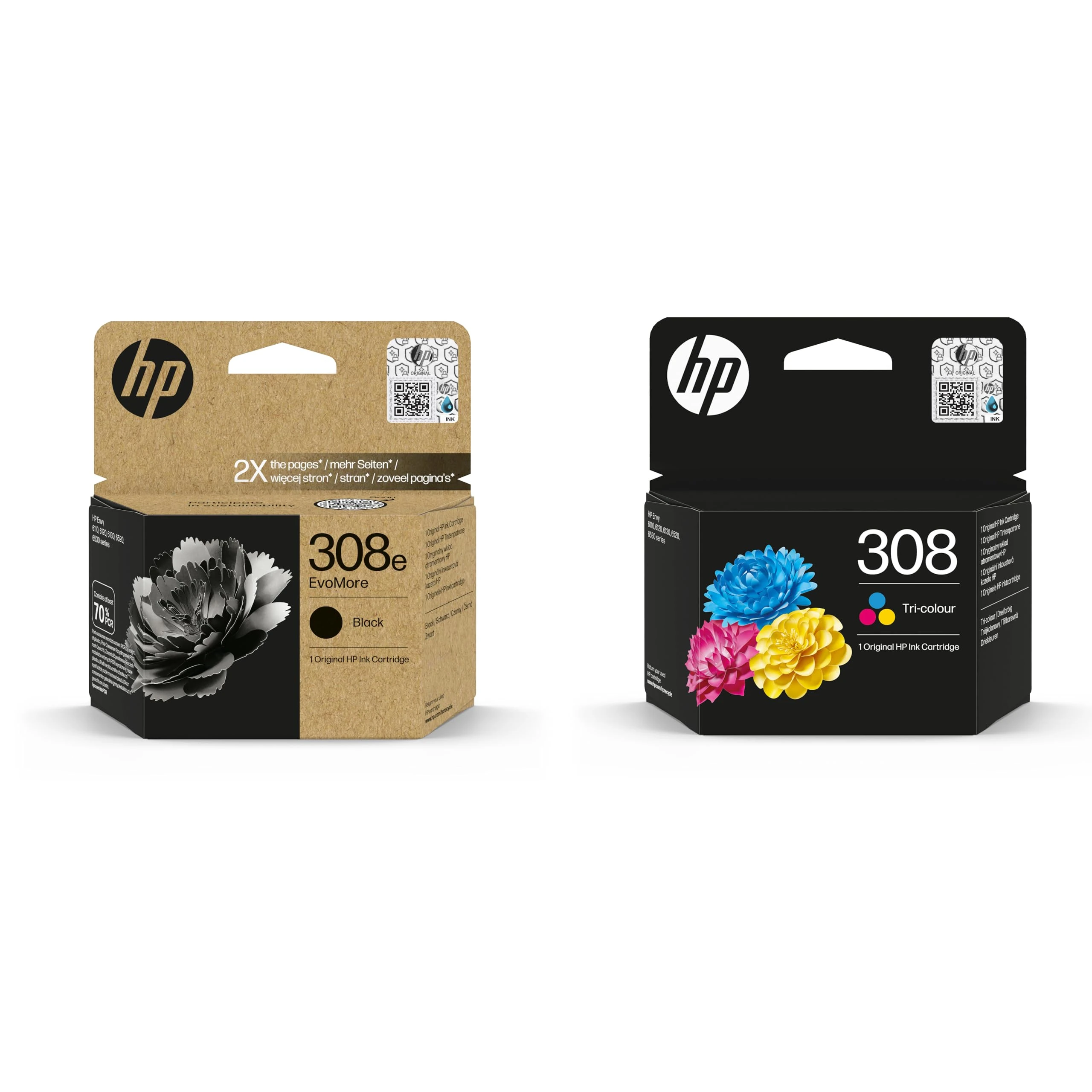 HP 308e High Capacity Black & 308 Colour Ink Cartridge For HP Envy 6122e 6532e 6520e 6132e 6530e 6120e 6110e 6558e 6110e 6130e All-in-One Printers