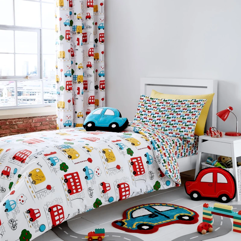 Catherine Lansfield Transport Duvet Cover 135 x 200 + 80 x 80 + Fitted Sheet White 90 x 200 + 1 Pillowcase 80 x 80 cm White