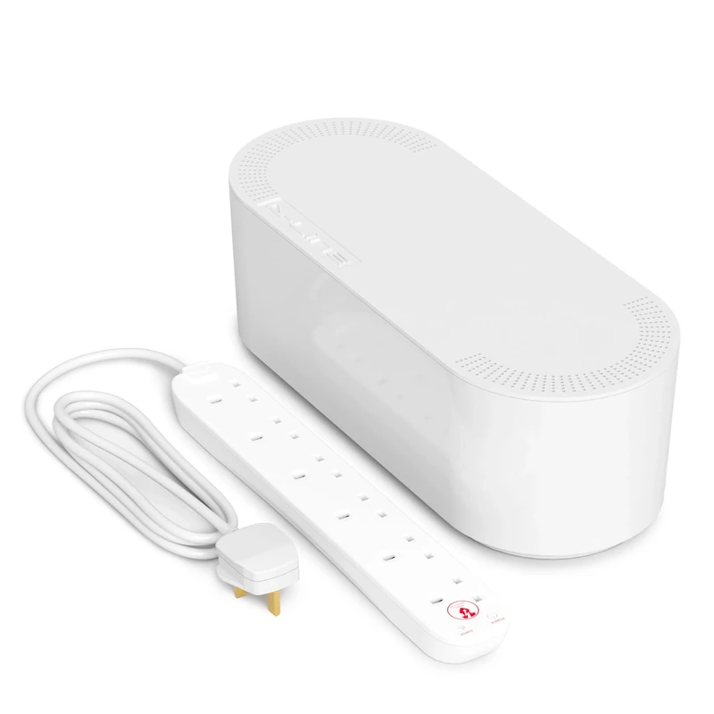 D-Line Cable Tidy Box with 4 socket 2m Extension Lead 13amp Surge Protected, Cable Management Solution, TV Wire Tidy, Desk Cable Organiser - Large, White