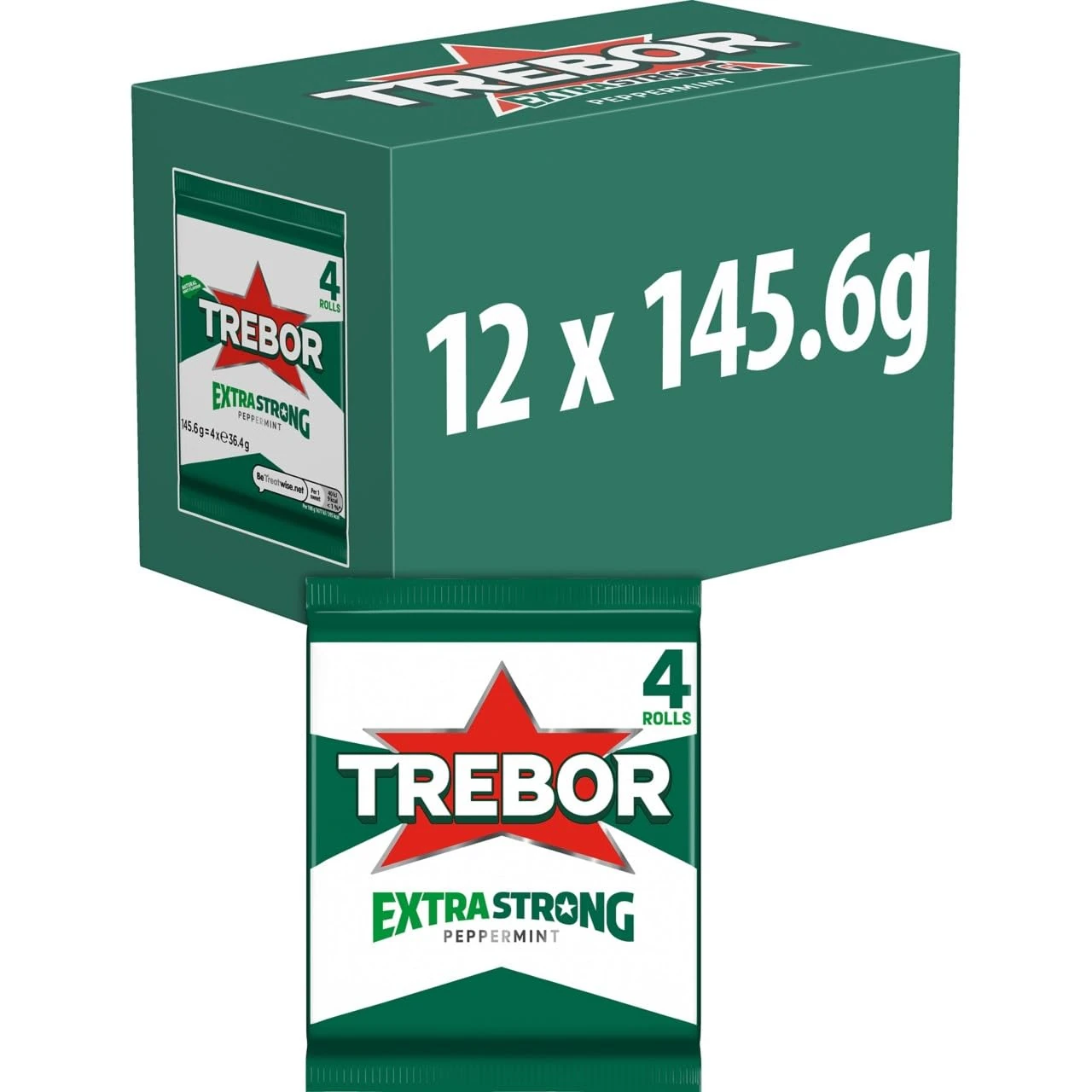 Trebor Extra Strong Peppermint Mint Sweets, 4 Pack Rolls, 146 g (Pack of 12)