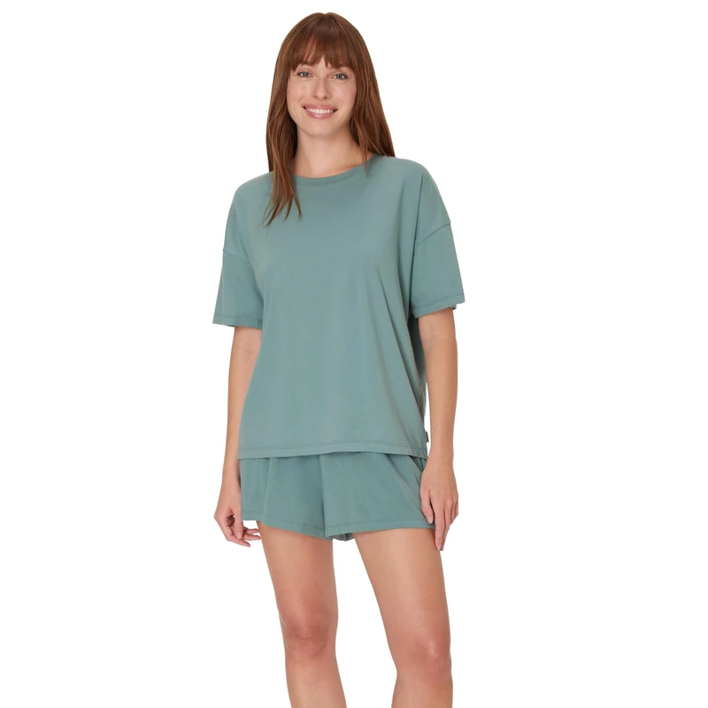 Hanes Women's Originals SuperSoft Comfywear 2 Piece Lounge Boxy T-Shirt & Sleep Shorts Loungewear Set, Faded Sage Green/Faded Sage Green, L