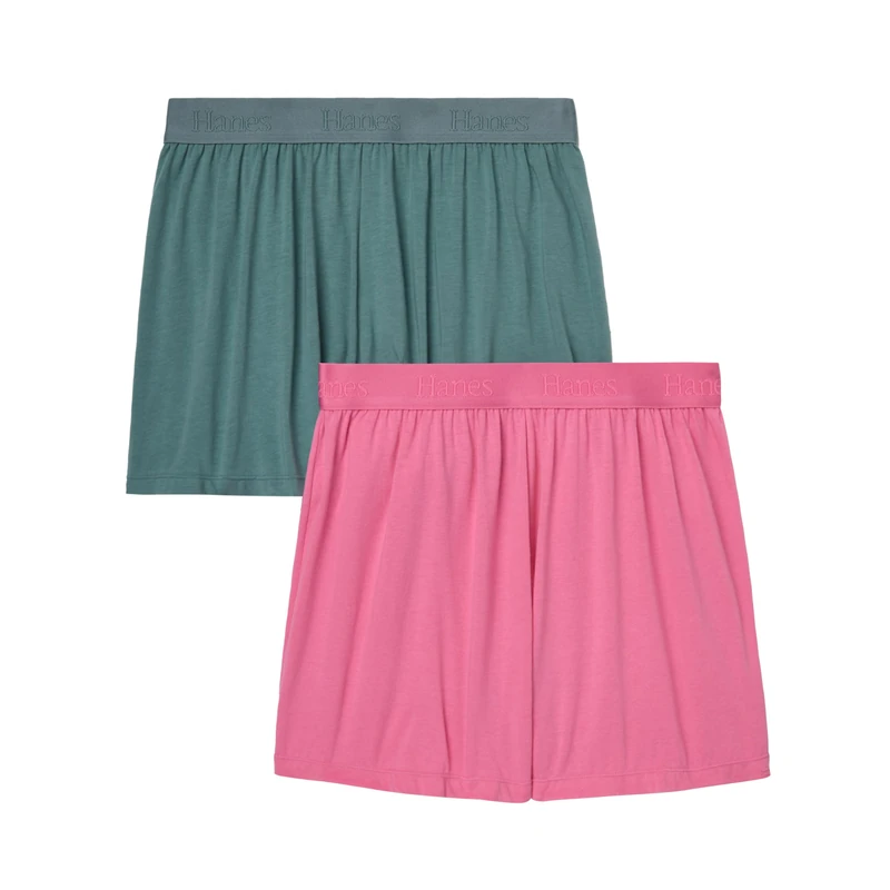 Hanes Women's Originals Sleep, 2-Pack, Comfywear Supersoft Lounge Shorts Pack, 3.25", Faded Sage Green/Parrot Pink, M