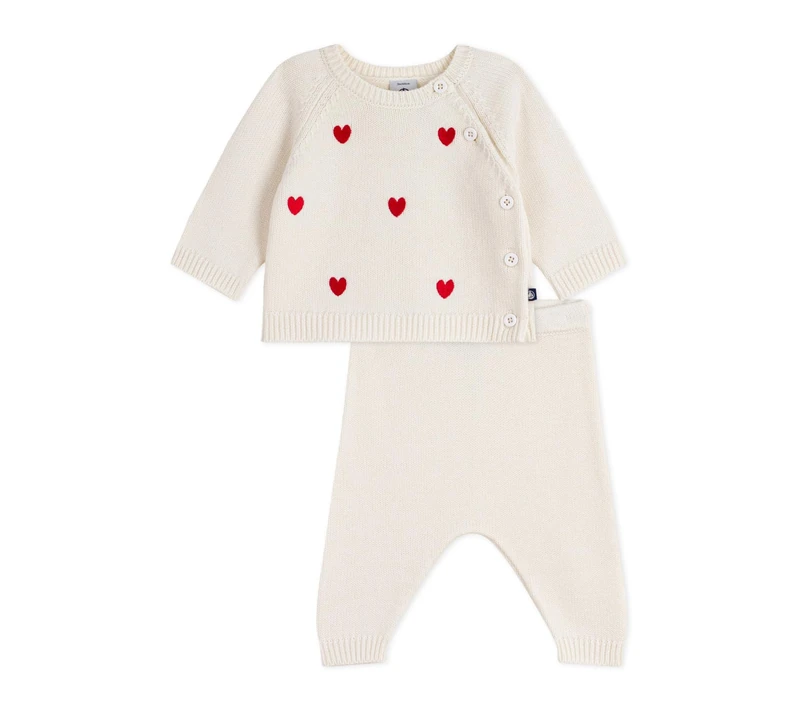 Petit Bateau Ensemble 2 pièces bébé en tricot et cœurs brodés