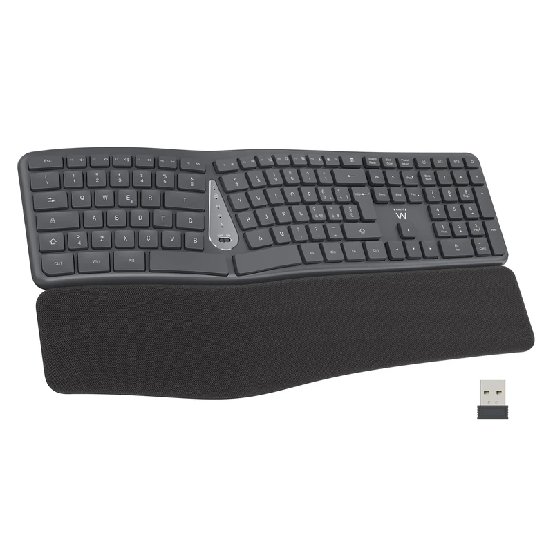 ewent Ergonomic Wireless Keyboard, Ergonomic Keyboard Italian Layout, Integrated Wrist Rest, Bluetooth and USB Connectivity, Easy-Switch, Silent Keys, Compatible with Windows, Mac and Android
