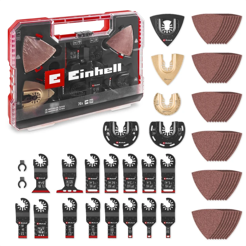 Original Einhell XXL-CASE 70-Piece Multi-Tool Set (BiM/CRV Plunge Saw Blades, HCS/HM/BiM Half-Round Saw Blades, Carbide Delta Rasp, Delta Backing Plate, Sandpaper, Dremel Adapter)