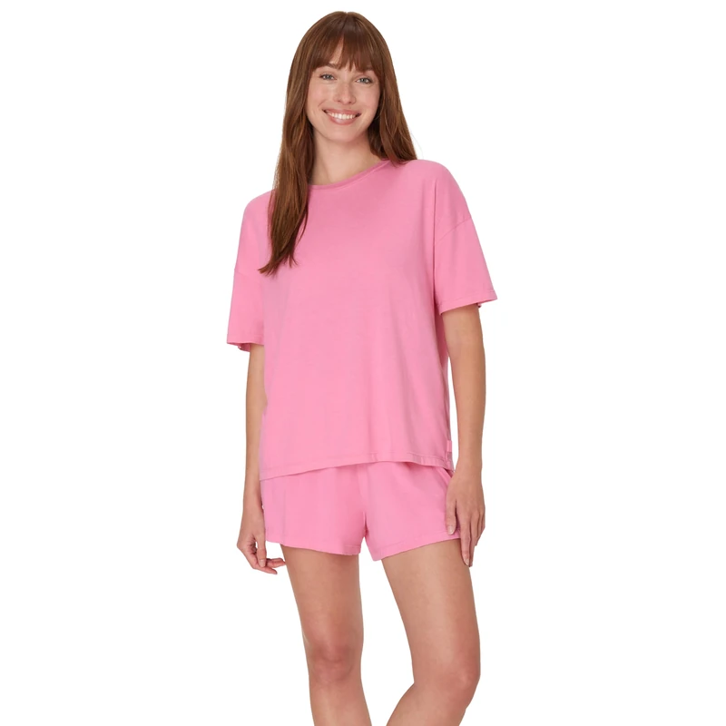 Hanes Women's Originals 2 Piece Lounge, Comfywear Supersoft Boxy T-Shirt & Sleep Shorts Loungewear Set, Parrot Pink/Parrot Pink, M