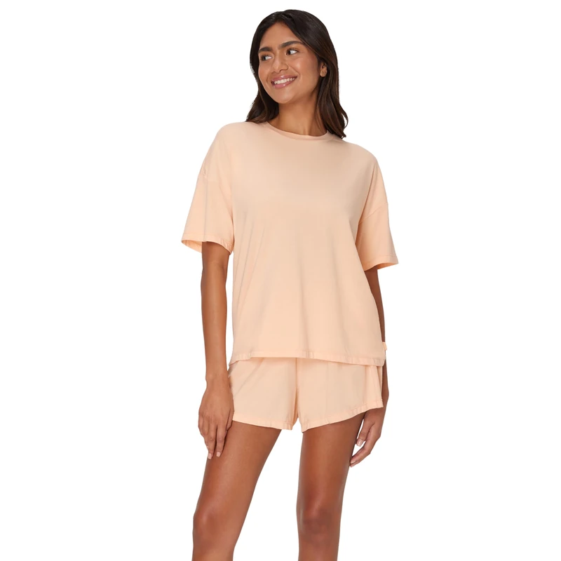 Hanes Women's Originals SuperSoft Comfywear 2 Piece Lounge Boxy T-Shirt & Sleep Shorts Loungewear Set, Mellow Peach/Mellow Peach, XXL