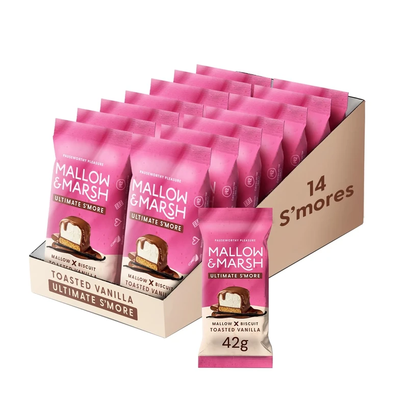 Mallow & Marsh Ultimate S’more Bar - Toasted Vanilla, Milk Chocolate Covered Marshmallow with Biscuit Base (14 x 42g)