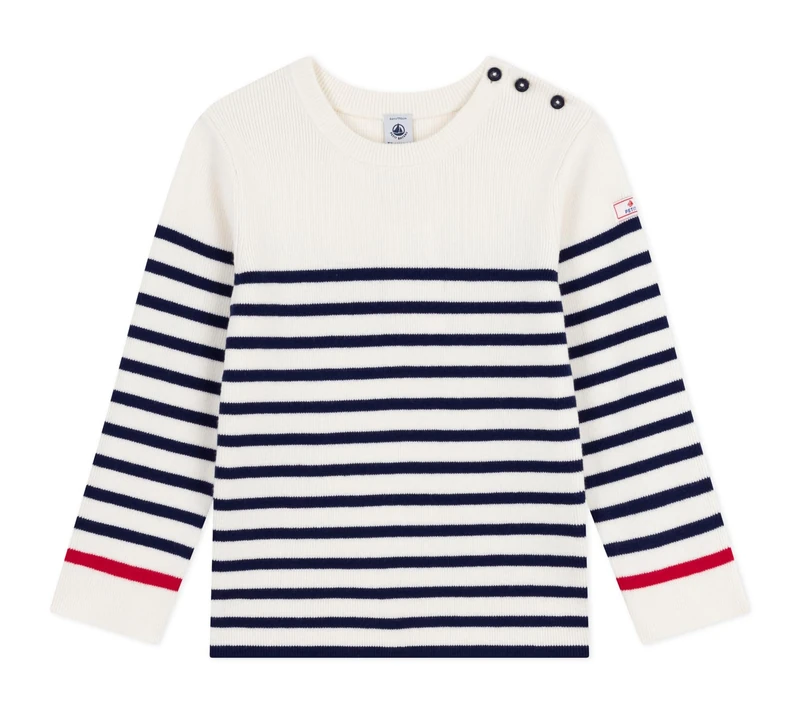 Petit Bateau Children's Striped Wool and Cotton Sweater, Marshmallow/Evening, 12 Years
