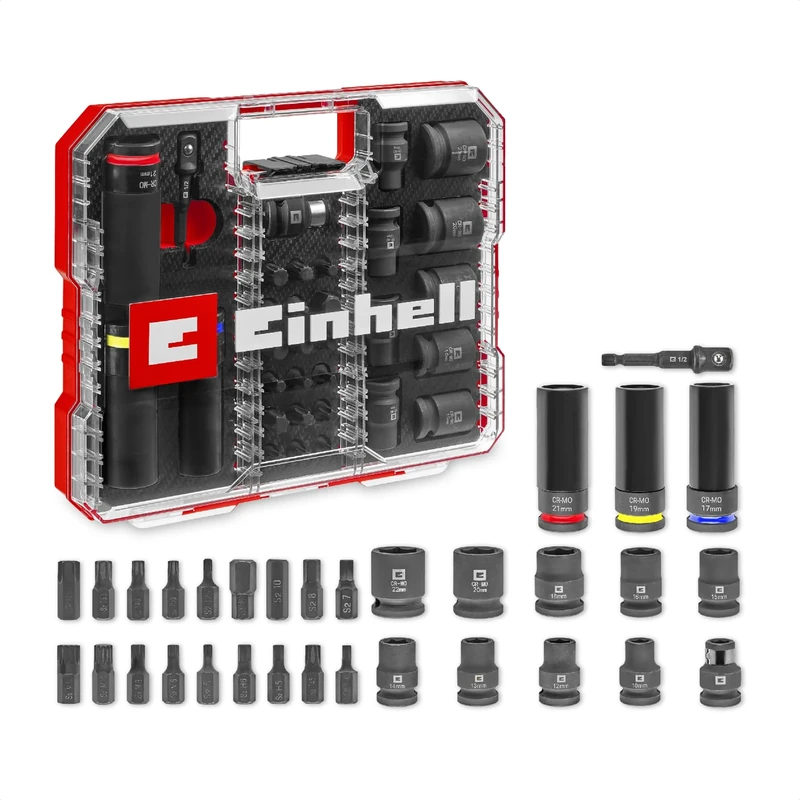 Original Einhell Impact 32-piece socket set (18x 30 mm Kraftbits, 9x 40 mm sockets, 3x 80 mm sockets, S2 and CrMo steel, plastic sleeve, automotive)