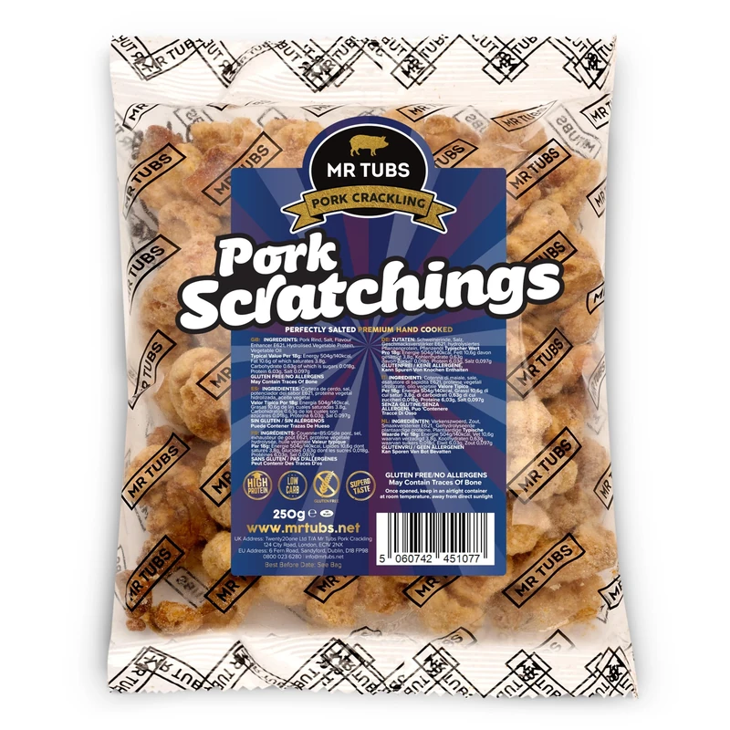 Mr Tubs Premium Pork Scratchings – Perfectly Salted, Hand-Cooked Pub-Style Snack, Keto & Paleo Friendly, High Protein, Gluten Free – 250g Bag of Crunchy Pork Crackling