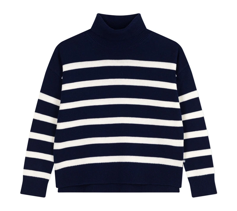 Petit Bateau Women's Striped Wool and Cotton Mock Neck Sweater, Evening/Marshmallow, S