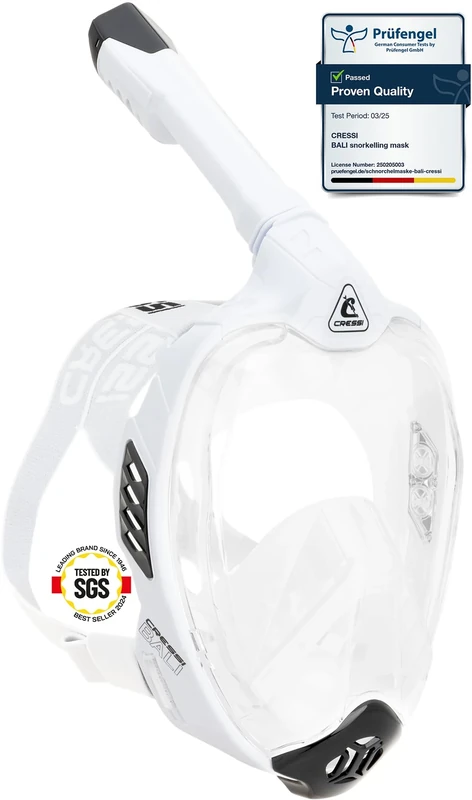 Cressi Bali Full Face Snorkel Mask - CO2 Safe Anti-Fog Scuba Mask - Advanced Dry Snorkel Set for Adults - Comfortable Silicone Seal for Scuba Diving Equipment - White/Black - L-XL