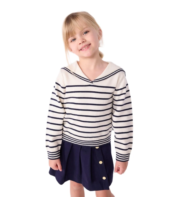 Petit Bateau Children's Striped Cotton Sailor Jumper, Marshmallow/Evening, 12 Years - Image 1