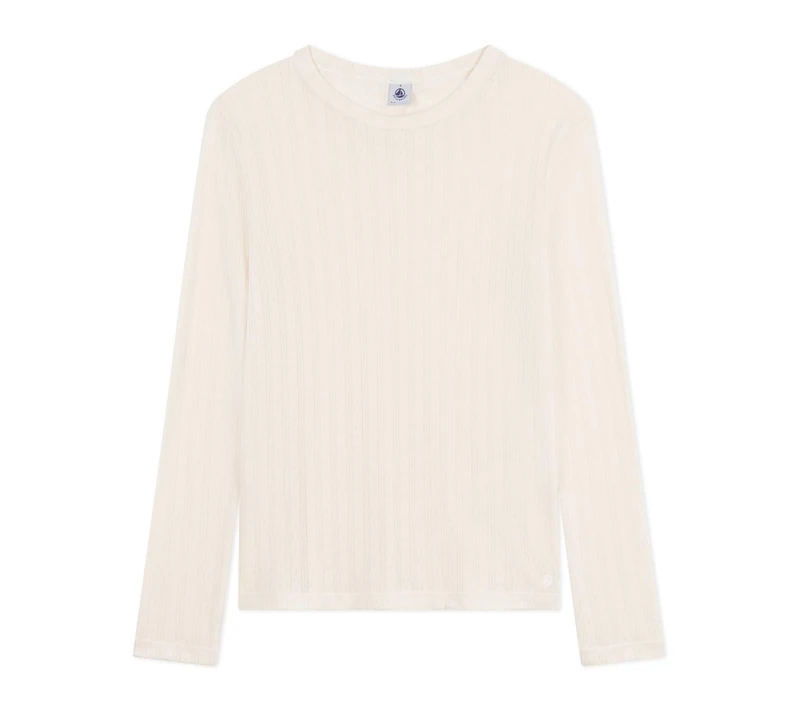 Petit Bateau Women's Iconic Hollow Out Cotton Long Sleeve T-Shirt, Milky, L