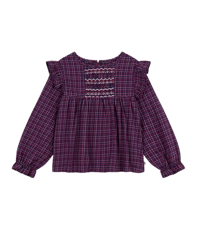 Petit Bateau Kids Plaid Long Sleeve Flannel Blouse, Smoking/Multico, 12 Years