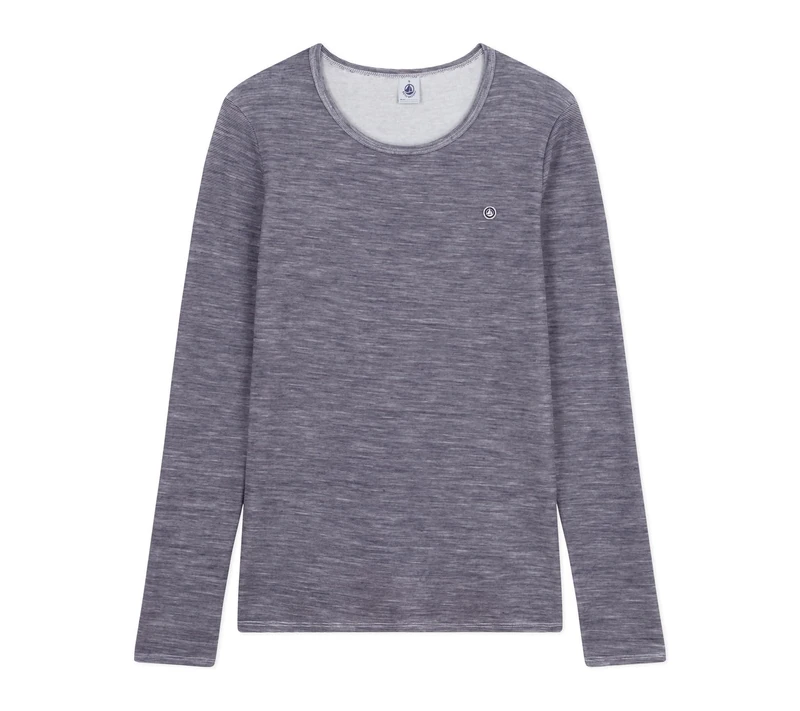 Petit Bateau Women's Wool and Cotton Long Sleeve Striped T-Shirt, Evening/Marshmallow, XL