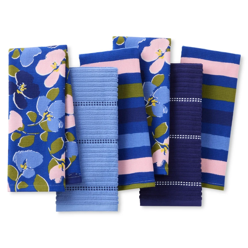 Kate Spade New York Painterly Bouquet & Bold Painterly Stripe Kitchen Towels 6-Pack Set, Absorbent 100% Cotton, Blue/Green/Rose, 17"X28"
