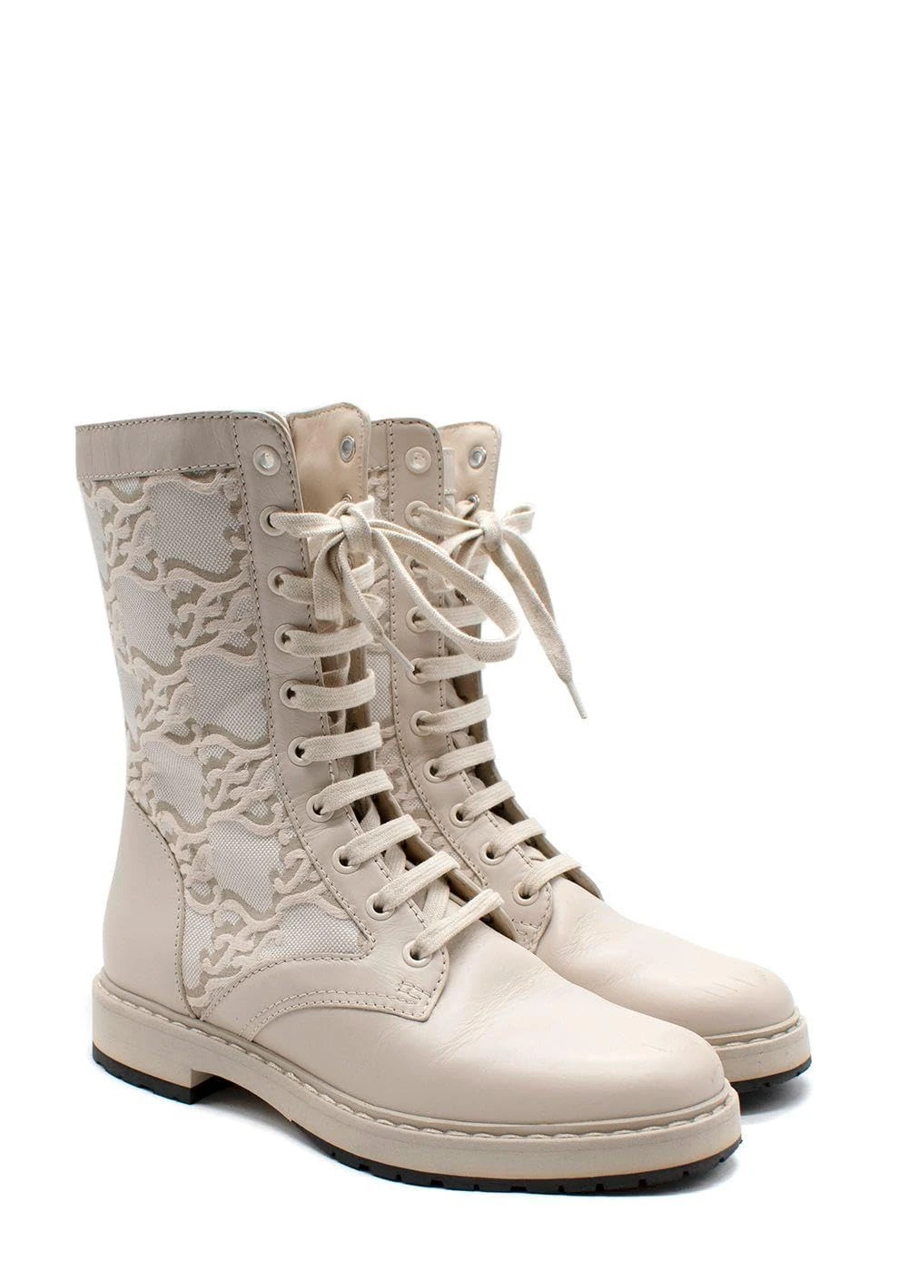 FENDI Pre-Loved Cream Monogram Canvas Leather Biker Boots