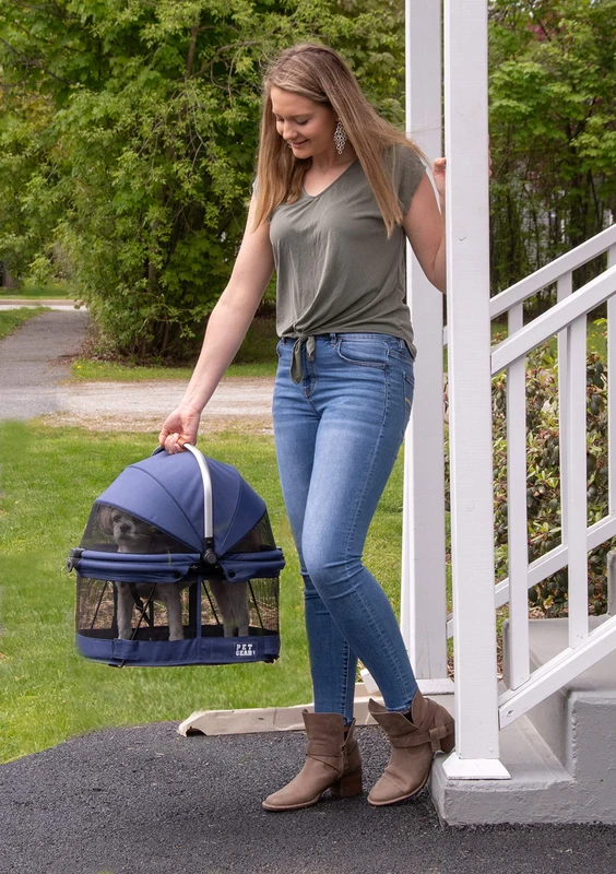 Pet Gear No-Zip View 360 Pet Safety Carrier & Car Seat for Small Dogs & Cats Push Button Entry, View 360 20-inch, Navy