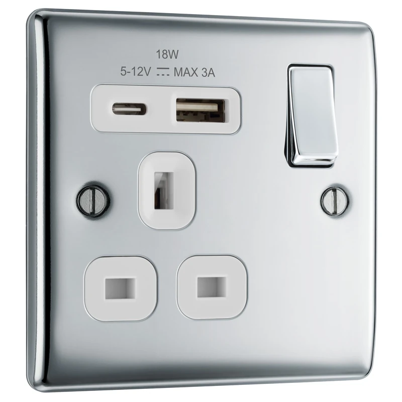 BG Electrical 18W Single Switched Power Plug Wall Socket with Type A USB and Type C USB Charging Ports, Fast Charge, Round Edges, Nexus Metal, Polished Chrome, White Inserts,13A, NPC21UAC18W