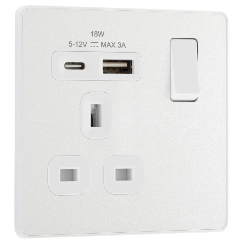 BG Electrical 18W Single Switched Power Plug Wall Socket with Type A USB and Type C USB Charging Ports, Fast Charge, Screwless Front Plate, Evolve, Pearlescent White, 13A, PCDCL21UAC18W