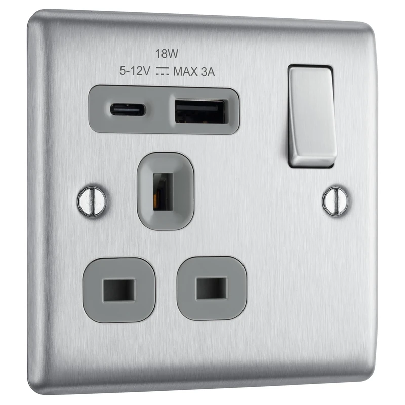 BG Electrical 18W Single Switched Power Plug Wall Socket with Type A USB and Type C USB Charging Ports, Fast Charge, Round Edges, Nexus Metal, Brushed Steel, Grey Inserts, 13A, NBS21UAC18G