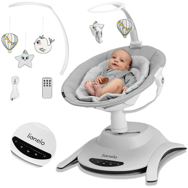 Lionelo Bella Electric Baby Bouncer for Infant with 360° Seat, 6 Swing Motions, 12 Melodies, 5-Speed Rocker Levels, 3-Toy Bar, Backrest Adjustment, Motion Detection, Safety Harness, Remote & Modes