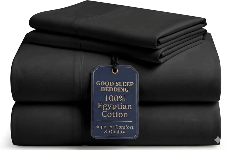 Good Sleep Bedding Luxury Egyptian Cotton 4 Piece Sheet Set - 100% Egyptian Cotton, 1000 TC, 3 Piece Extra Long Single Sheets for Dormitory, Hotel Sheets, 40.6 cm Deep Bag, Black, Twin XL