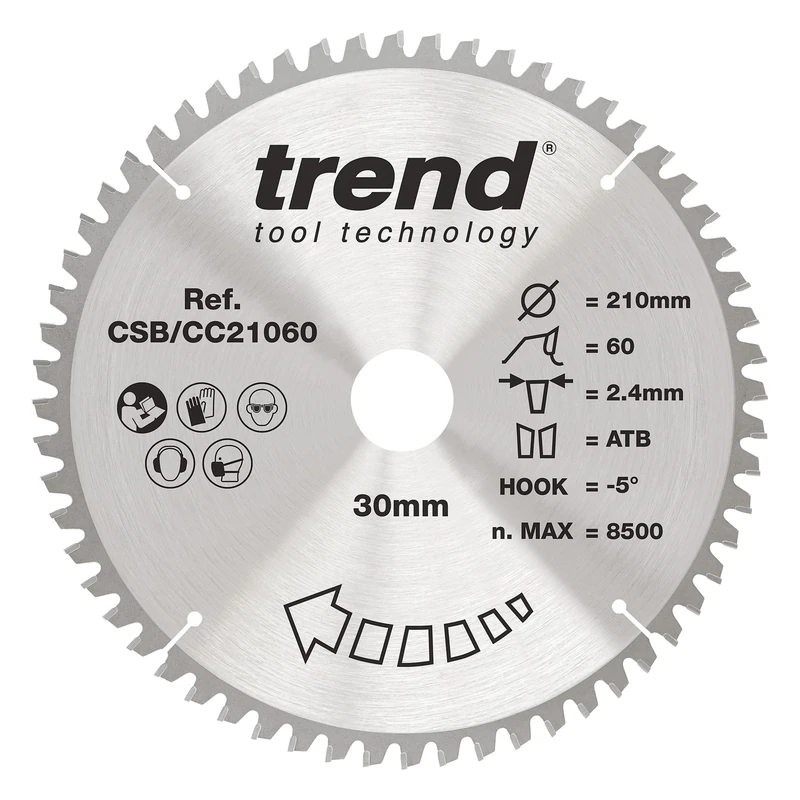 Trend Wood Mitre Saw Blade, 210mm Diameter, 30mm Bore, 60 Teeth, 2.4mm Kerf, -5° Hook, TCT, Extra-Fine Finish, CSB/CC21060