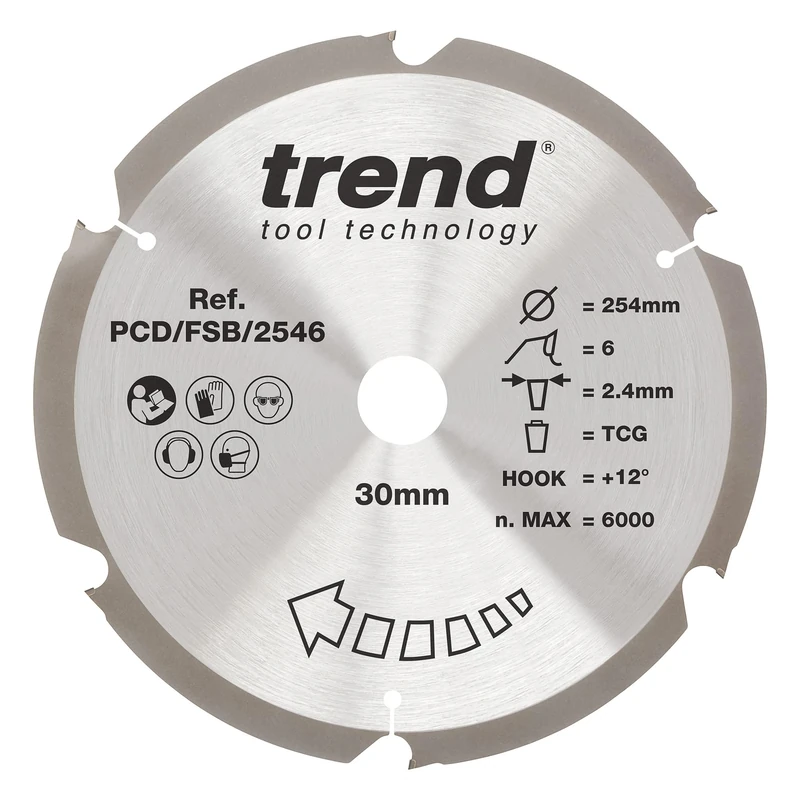 Trend PCD Fibre Cement Circular Saw Blade, 254mm Diameter, 30mm Bore, 6 Teeth, 2.4mm Kerf, +12° Hook, PCD, Coarse Finish, PCD/FSB/2546