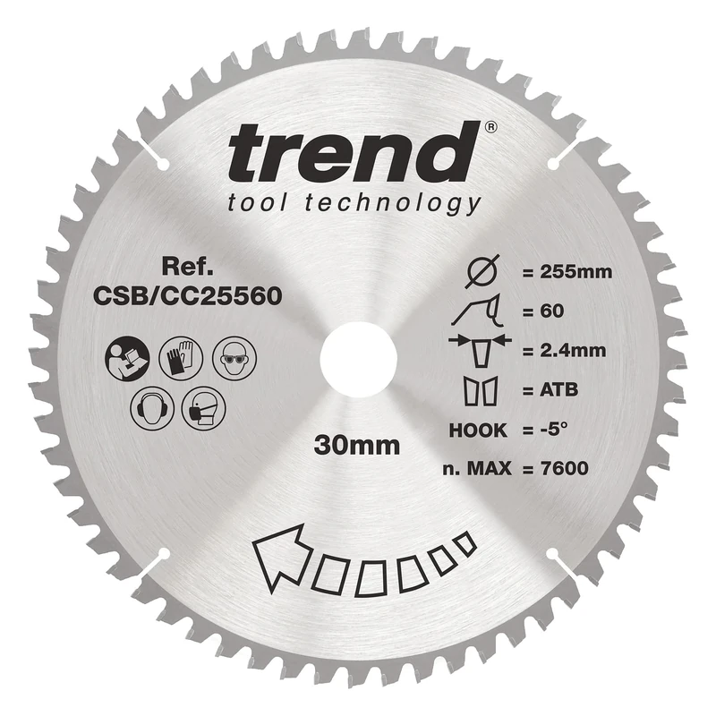 Trend Wood Mitre Saw Blade, 255mm Diameter, 30mm Bore, 60 Teeth, 2.4mm Kerf, -5° Hook, TCT, Fine Finish, CSB/CC25560
