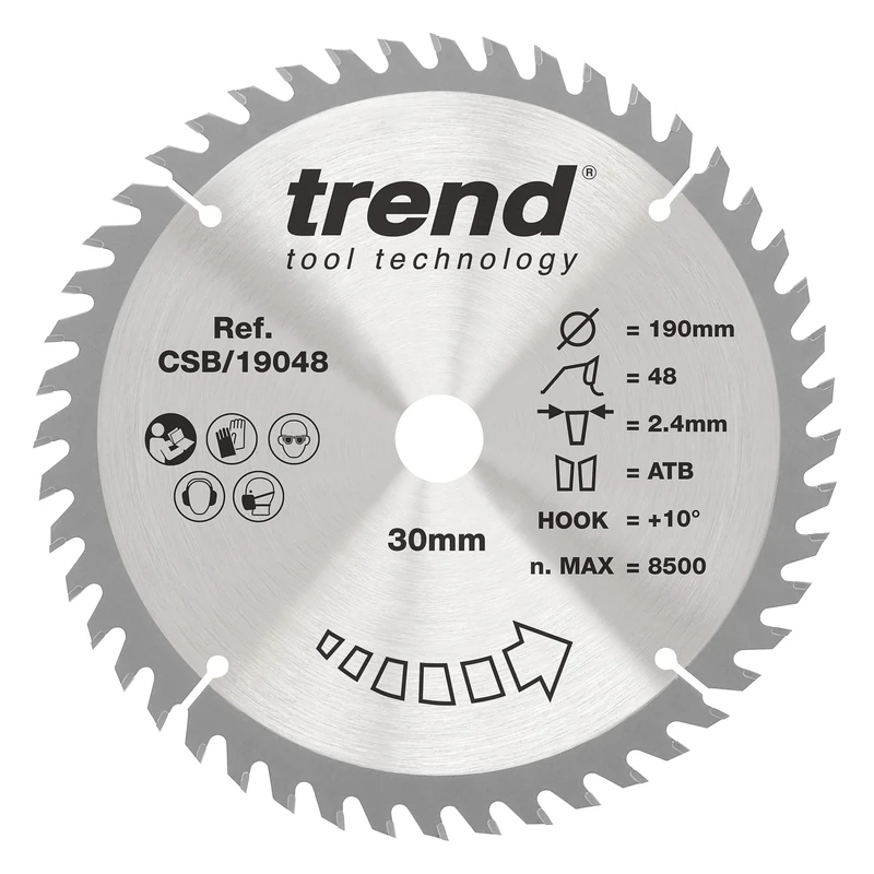 Trend Wood Circular Saw Blade, 190mm Diameter, 30mm Bore, 48 Teeth, 2.4mm Kerf, +10° Hook, TCT, Fine Finish, CSB/19048