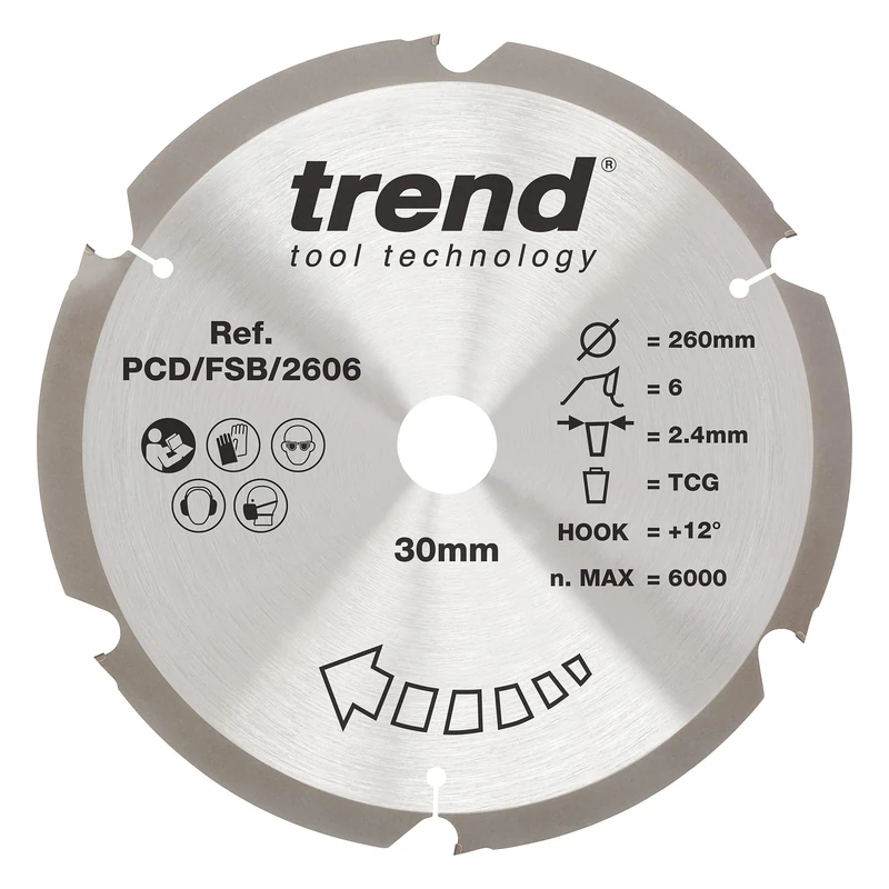 Trend PCD Fibre Cement Circular Saw Blade, 260mm Diameter, 30mm Bore, 6 Teeth, 2.4mm Kerf, +12° Hook, PCD, Coarse Finish, PCD/FSB/2606